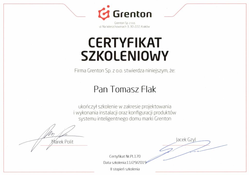 Certyfikat szkoleniowy 2